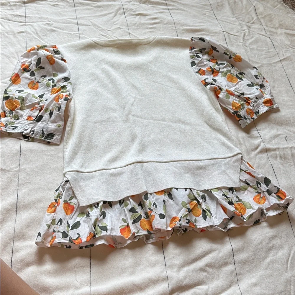 Anthropologie Cream and Orange Floral Puff Sleeve Blouse